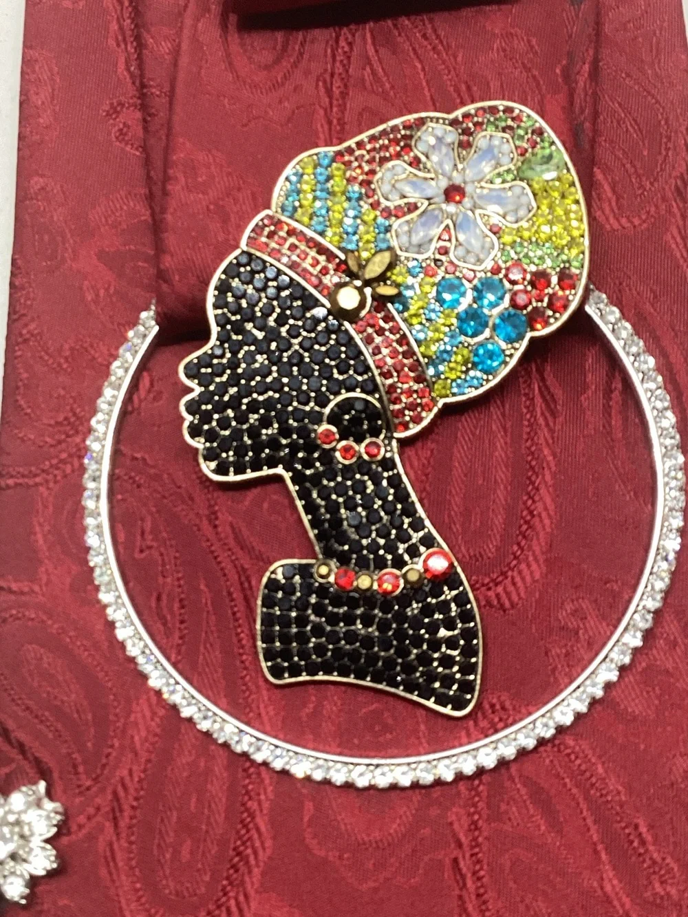 Handcrafted Burgundy Embellished Statement Necktie Necklace with African Queen